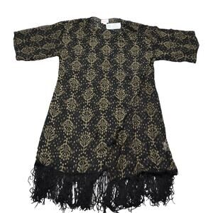 LulaRoe Sweater Womens S Black Fringe Sheer Brown Long Cardigan Kimono Cover Up